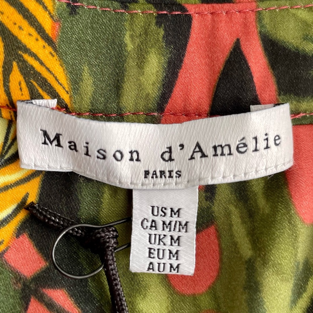 NWT Maison d’Amelie Paris Coral Tropical Print Cap-Sleeve V-Neck Blouse Top New - Picture 6 of 11